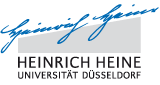 Heinrich-Heine-Unterschrift, darunter ein grauer Kasten und ein Schriftzug 'Heinrich-Heine-Universität Düsseldorf'